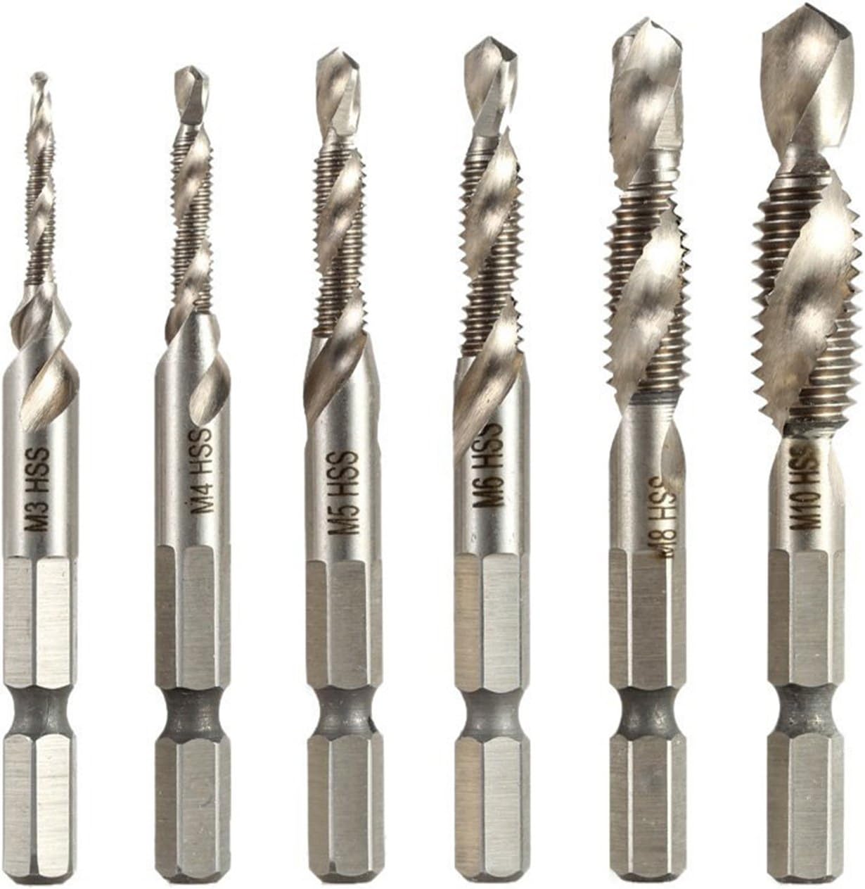 OCGIG 6PCS 1/4"HSS(4341) Hex Shank Combination Drill Tap Bit Spiral