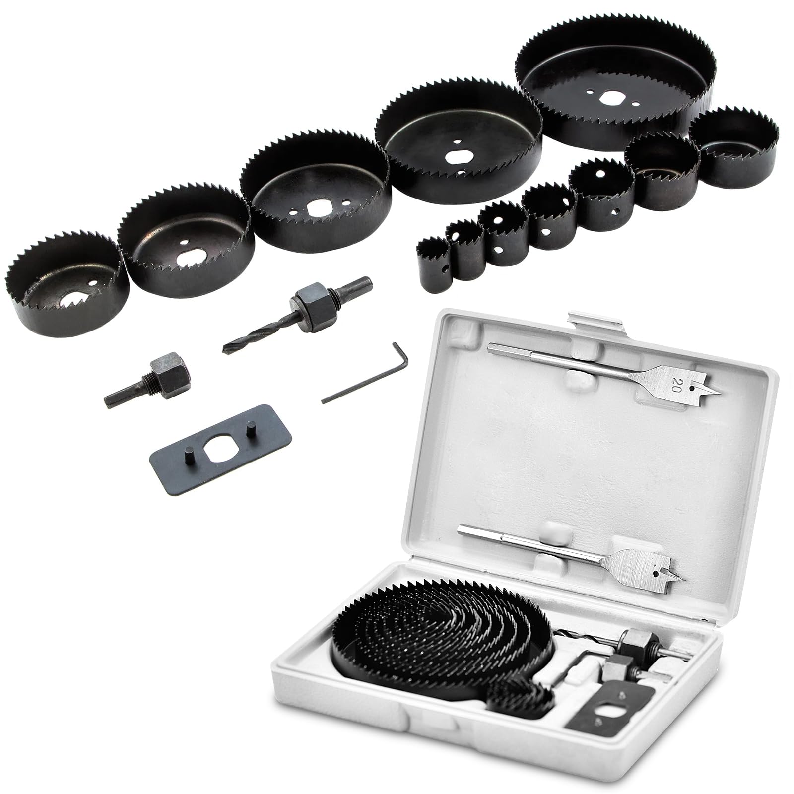 18 PCS Hole Saw Sets 19-127mm Carbon Steel Hole Saw Sets Bi-Metal Hole Saw Equipped with a Hexagonal Wrench and Drill Bit for Wood PVC Board Soft Metal Cutting Plastic