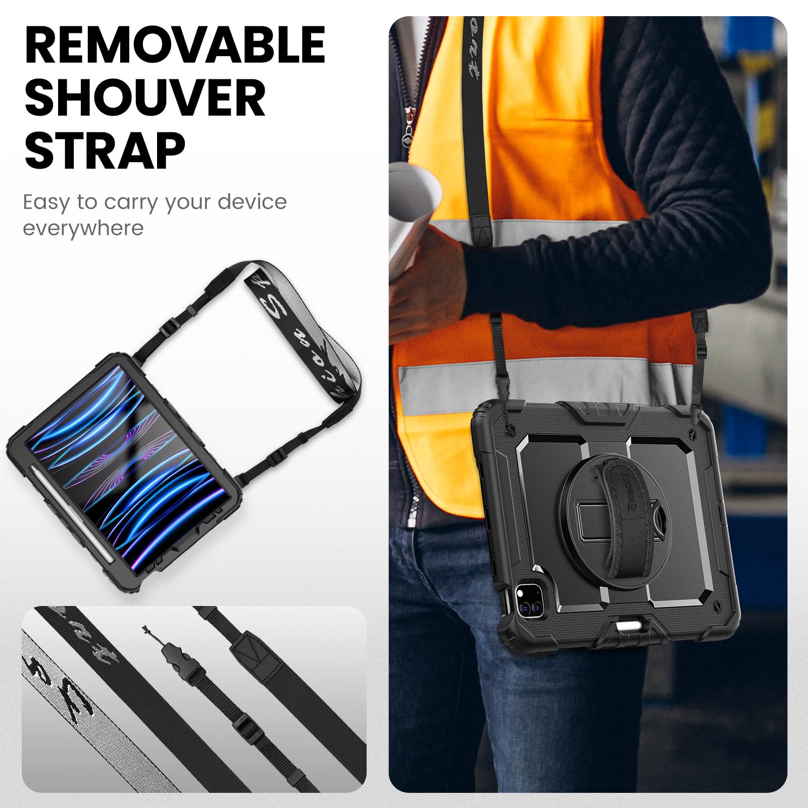 Timecity Case for iPad Pro 11 inch 1st, 2nd, 3rd, 4th Generation 2018/2020/2021/2022 (NOT for 2024), Heavy Duty Rugged Protective Case with Screen Protector,Pencil Holder,Rotating Stand&Handle-Black