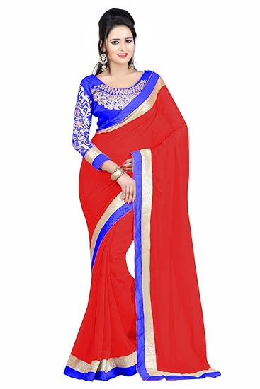 Winza Designer Womens Faux Georgette Saree with Blouse (NECBLOUSE RED_Red)