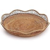 Rattan Fruit Basket for Serving Woven Bread Tray for Cake Kitchen Counter Table Natural (11.8inch D x 3.5inch H)