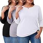 Ficerd 3 Pack Plus Size 3/4 Sleeve Tops for Women Round Neck T-Shirt Trendy Basic Tee Cozy Loose Blouse XL-5XL