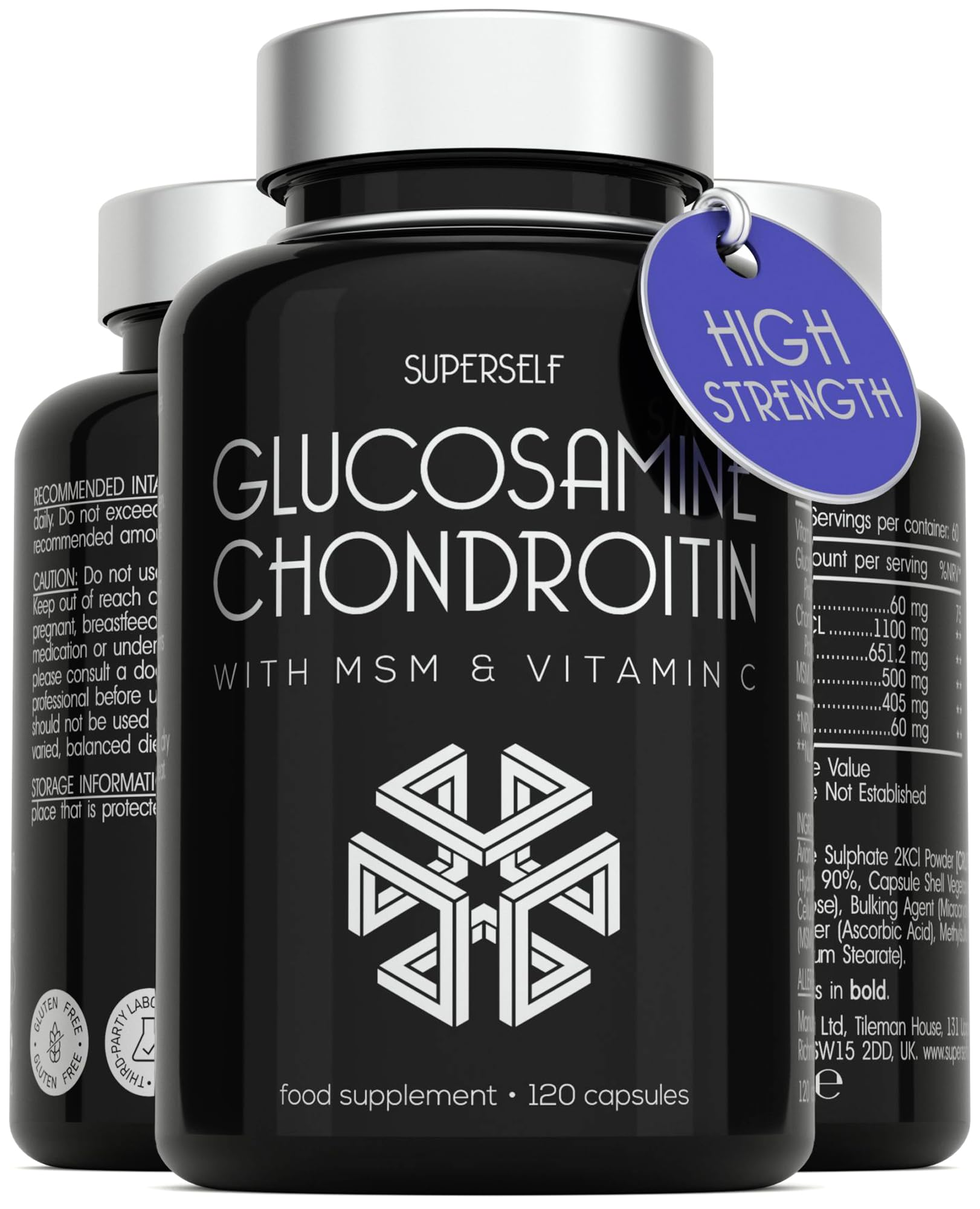 Glucosamine and Chondroitin High Strength - Glucosamine Sulphate with Chondroitin, MSM & Vitamin C - 120 Capsules - 1720mg Glucosamine Complex - Combination Joint Care Supplements for Men & Women