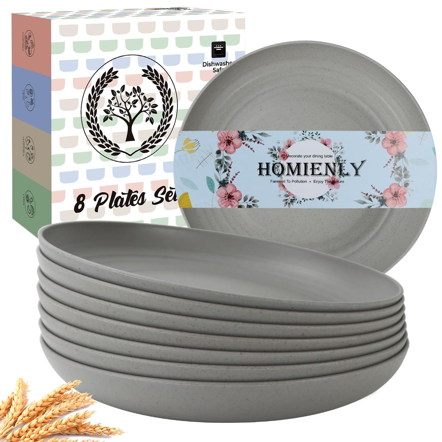 Homienly Dinner Plates Set of 8 Premium Wheat Straw