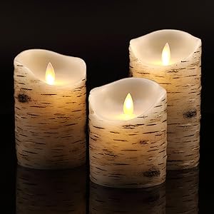 Flameless Candles with brich Effect 4" 5" 6" Set of 3 Dripless Real Wax Pillars Include Realistic Dancing LED Flames and 10-Key Remote Control with 24-Hour Timer Function -AntizerTM