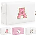 Personalized Initial Letter Patch Makeup Bag, Preppy Portable Chenille Letter Cosmetic Bag with Zipper, PU Leather Waterproof Travel Toiletry Bag Monogram Make Up Pouch for Women Girls(Letter A)