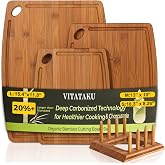 VITATAKU Carbonized Bamboo Cutting Boards for Kitchen, Set of 3 with Stand | Reversible Charcuterie & Wood Chopping Board wit
