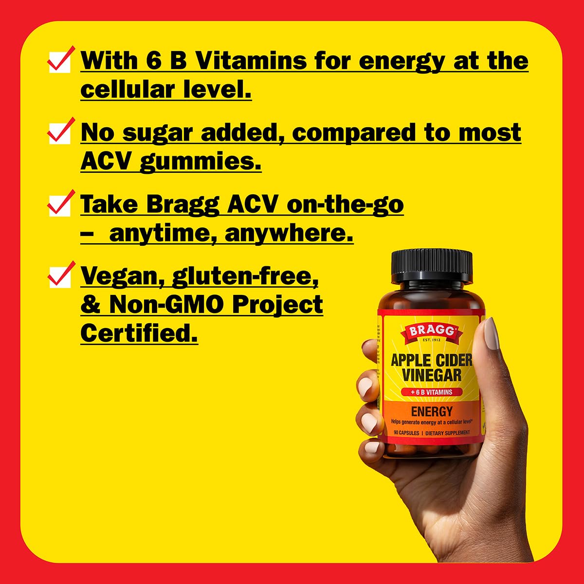 Bragg Energy Apple Cider Vinegar Capsules with B-12 Vitamins - 90 Capsules - Weight Management - Non-GMO, Vegan, Gluten Free, No Sugar - Helps Generate Energy at Cellular Level for Men and Women