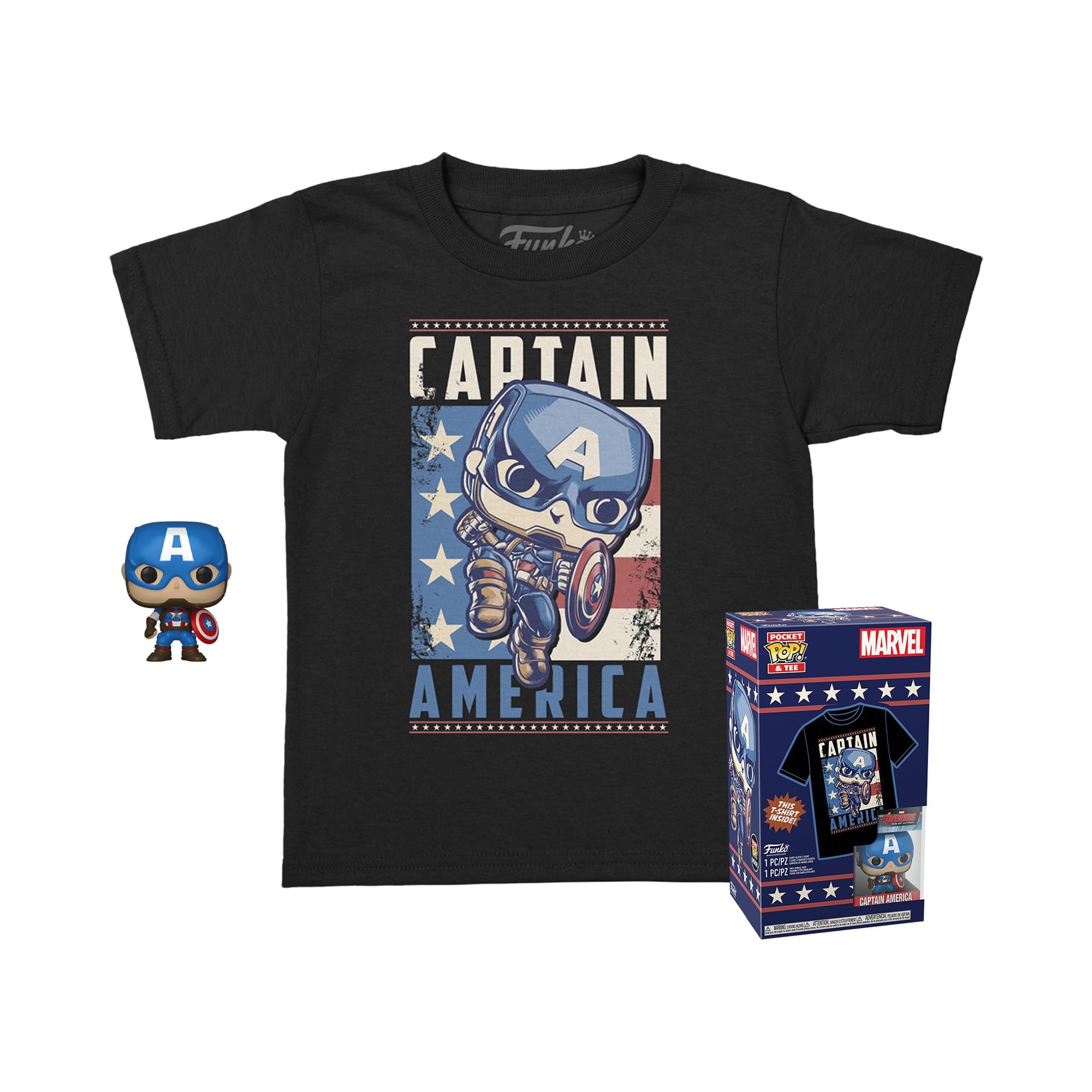 Funko Pocket Pop! & Tee: Marvel - Captain America - for Children and Kids - Large - (L) - Marvel Comics - T-Shirt - Clothes With Collectable Vinyl Minifigure - Gift Idea - Toys and Short Sleeve Top