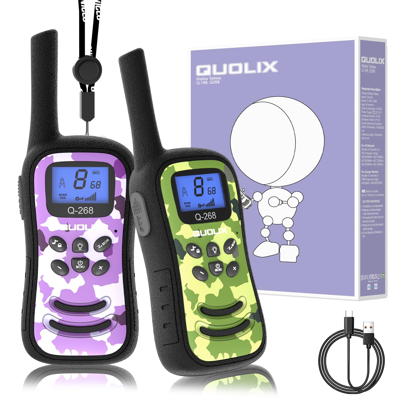 QOULIX Kids Walkie Talkie, Rechargeable Kids Walkie Talkie, 3km Working Distance, 48 Hours Standby, VOX，8 Channels, Flashlight Function, Gift for Girls and Boys Aged 3-12 (2 Pack)