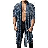 JOGAL Mens Mesh Fishnet See Through Cardigan Ruffle Shawl Collar Open Front Top