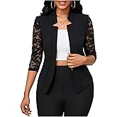 SHENHE Women's Floral Lace 3/4 Sleeve Open Front Work Office Notch Lapel Blazer Jacket