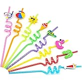24 Pieces Reusable Crazy Drinking Straws, Beach Pool Birthday Summer Party Decorations Favors with 2 Cleaning Brushes and 1 Storage Bag