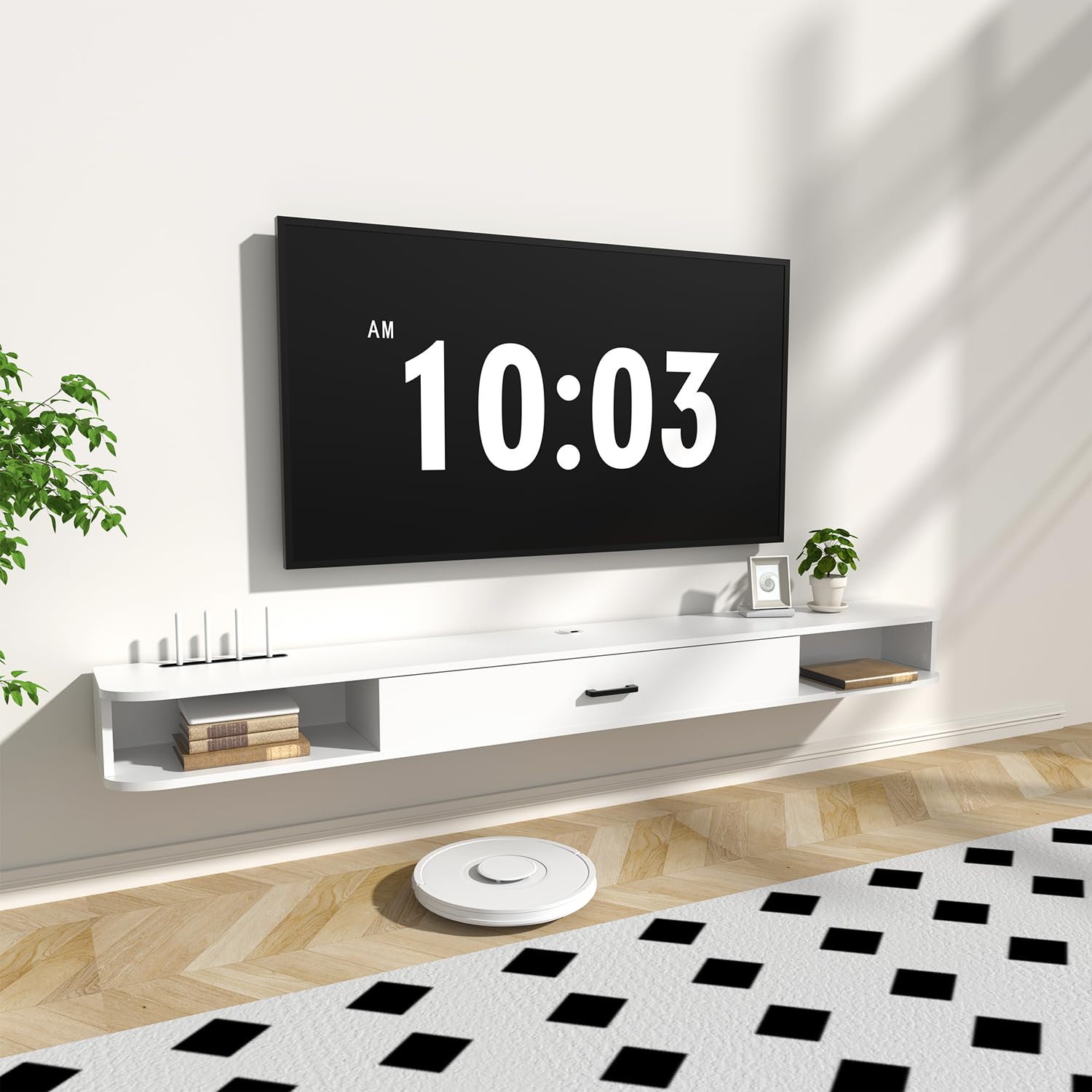 Photo 1 of *Chipped* GHC Floating TV Stand, 75'' Wall Mounted TV Cabinet, Floating Shelves with Door, Media Console for DVD Player, Space-Saving Under TV Shelf for Bedroom & Living Room (White)