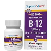 Superior Source No Shot Vitamin B-12 5,000 mcg with B-6 &amp; Folic Acid, 60 Ct | Fast-Dissolving Vitamin B Complex Supporting Energy, Healthy Heart, Metabolism and Stress Relief, Methylcobalamin, Non-GMO