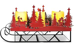 LEWIS&WAYNE Christmas Sleigh Centerpiece Table Decorations with Flickering Led Candle Lights Xmas Sleigh Silhouette Candelabrum for Dinning Room, Table, Fireplace, Mantel Holiday Decoration