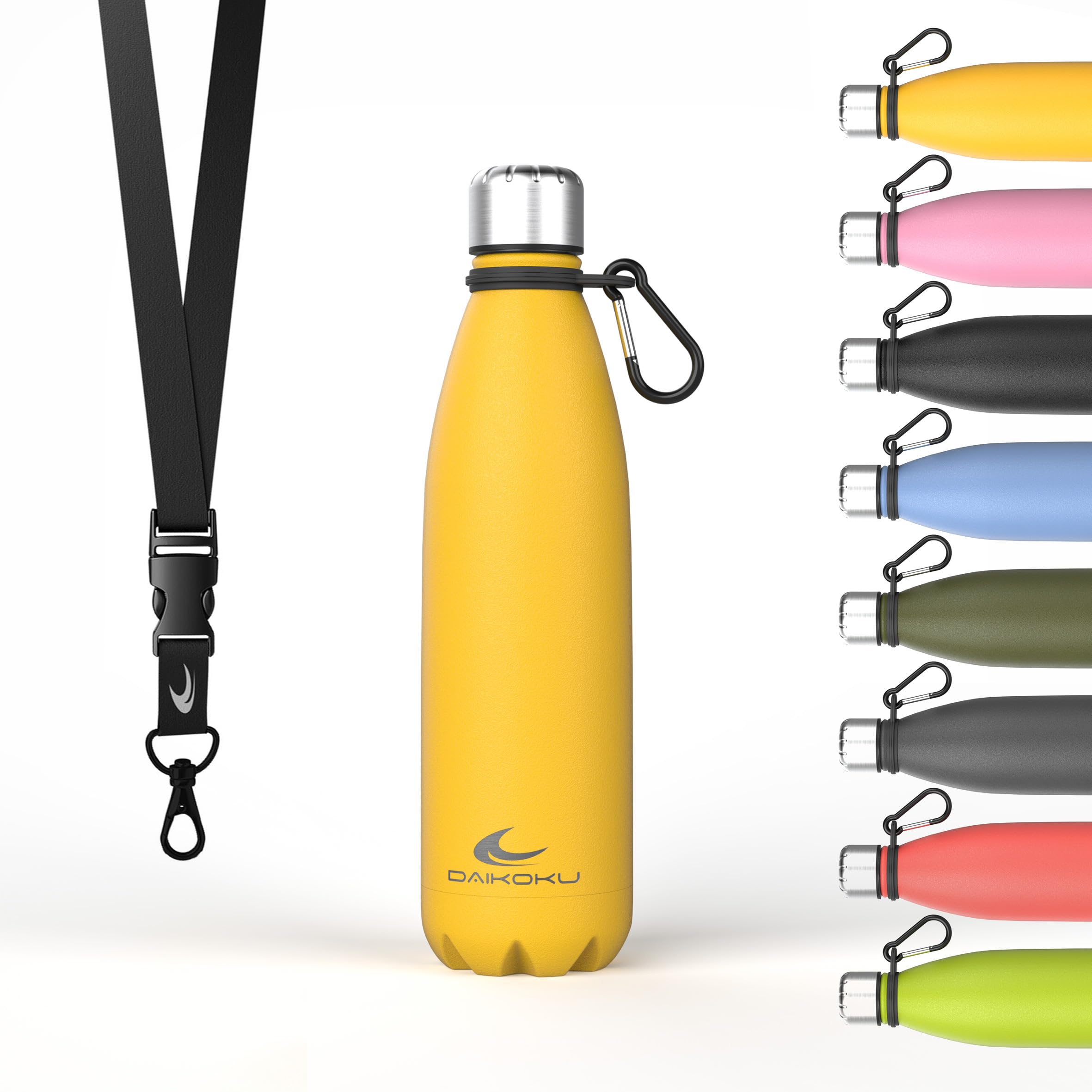 Daikoku Stainless Steel Bottle + Adjustable Strap + Carabiner, BPA Free Double Walled Thermos, Reusable Water Bottle, Airtight Cap, Colour Yellow, Capacity 500 ML