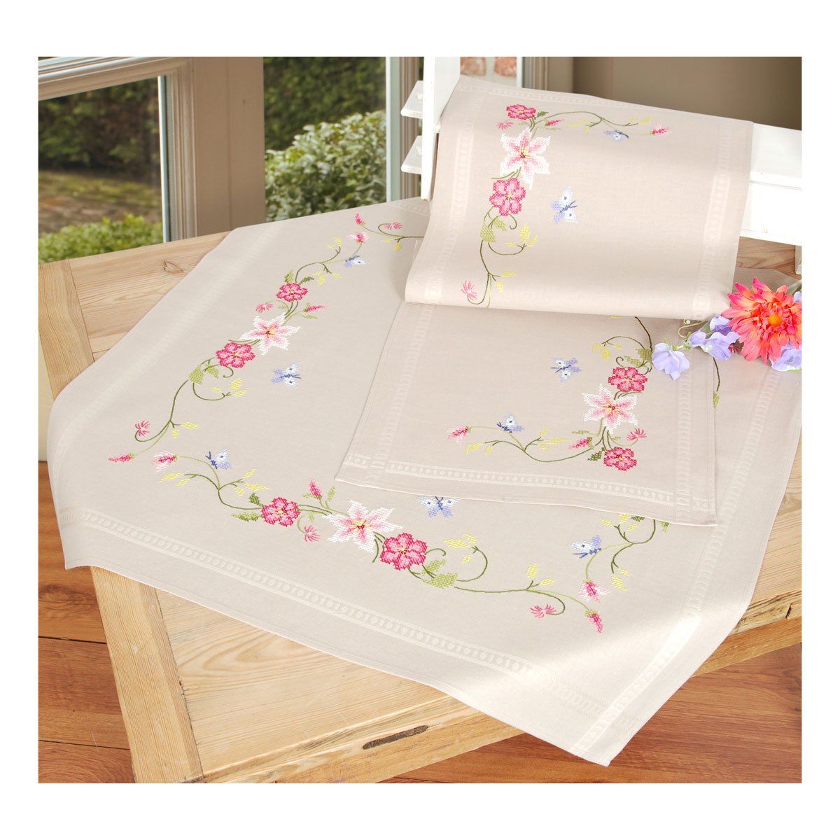 Vervaco "Flowers and Butterfly Tablecloth Embroidery, 100 Percent Cotton, Multi-Colour