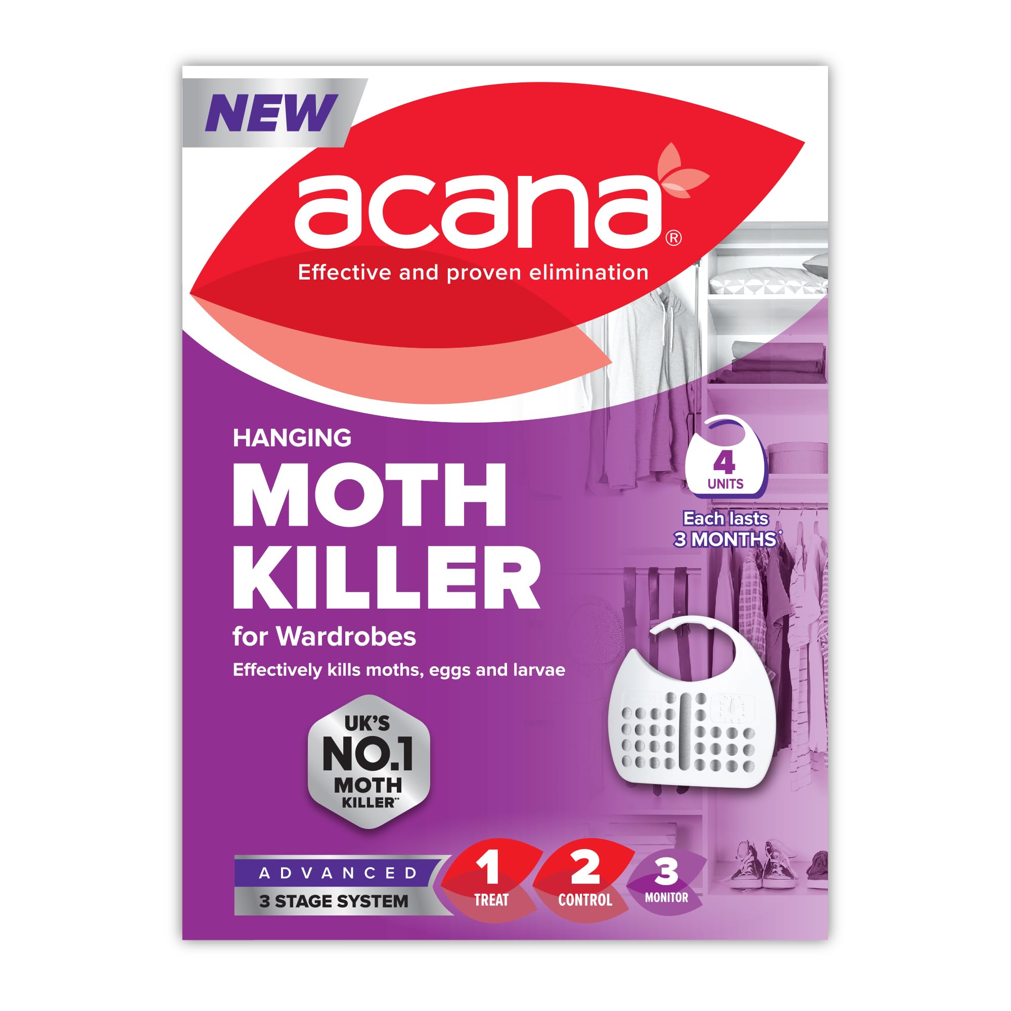 Acana Hanging Moth Killer & Freshener, 4 Pack - Lavender Fragrance, Natural Oils - For Wardrobes - Protects Clothing & Bedding - Each Lasts 6 Months