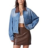 D-Sun Women's Denim Jackets Leather Collar Long Sleeve Zipper Cropped Jean Jacket Denim Coat With Pockets