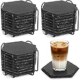 ZOOFOX 24 Pieces Slate Drink Coasters, Hexagon Black Slate Stone Coaster Bulk for Laser Engraving, Beverage Coasters with Non-Slip Bottom Mat for Home Decor, Bar, Housewarming Gifts