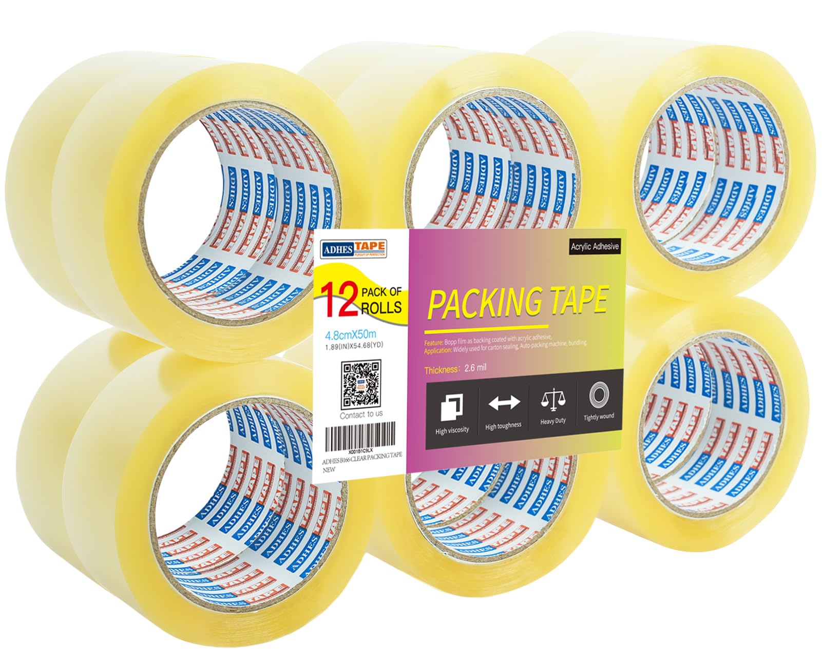 ADHES Parcel Tape Packing Tape for Moving Packaging Box, Shipping Tape Multipack, 50m Per Roll with 48mm Width 2.6Mil Thickness,Total 12 Rolls