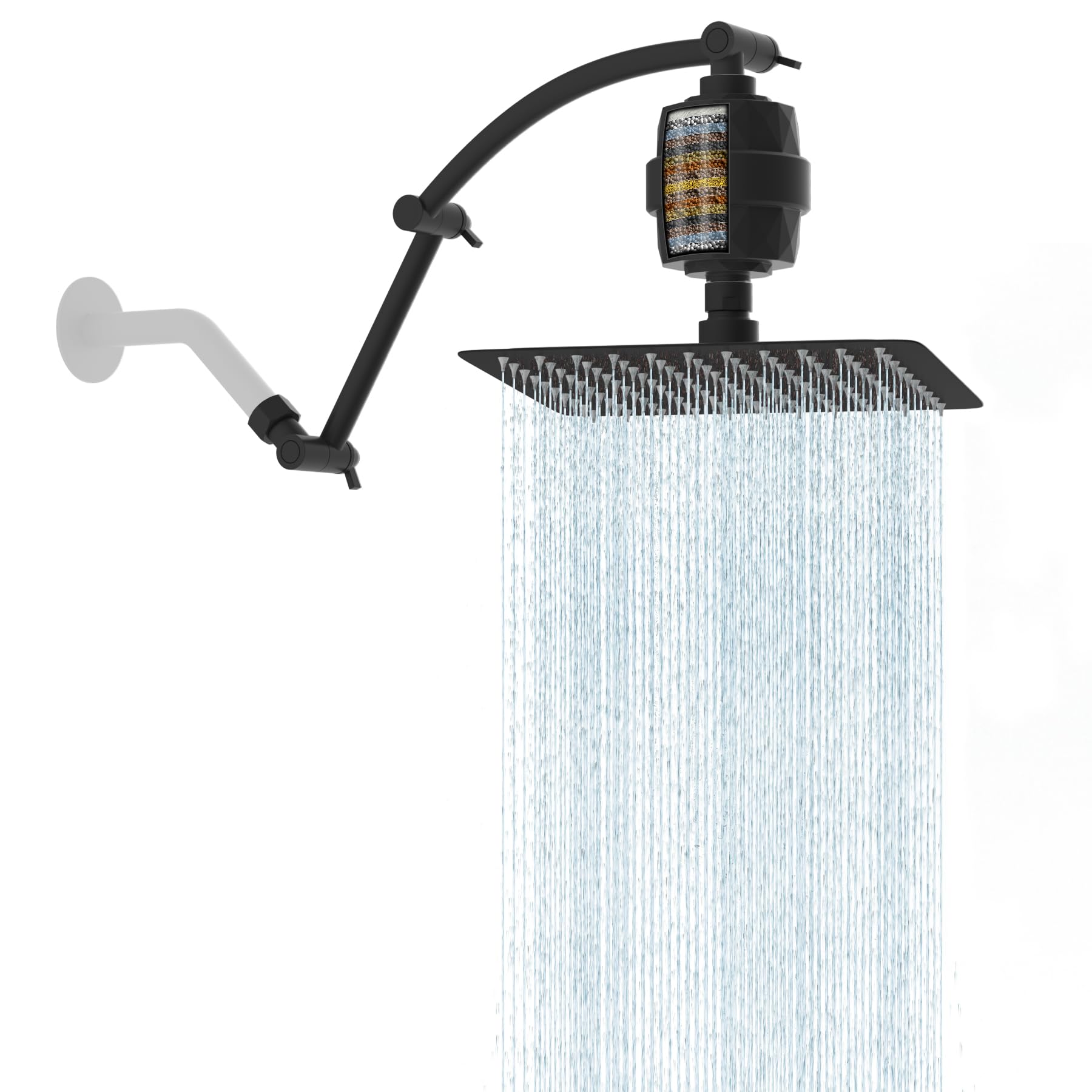 Photo 1 of Hibbent All Metal Rain Filtered Shower Head, 10'' High Pressure Rainfall Showerhead with 16" Shower Head Extension Arm, 20 Stage Shower Filter, Solid Brass Adjustable Shower Arm Extender, Matte Black