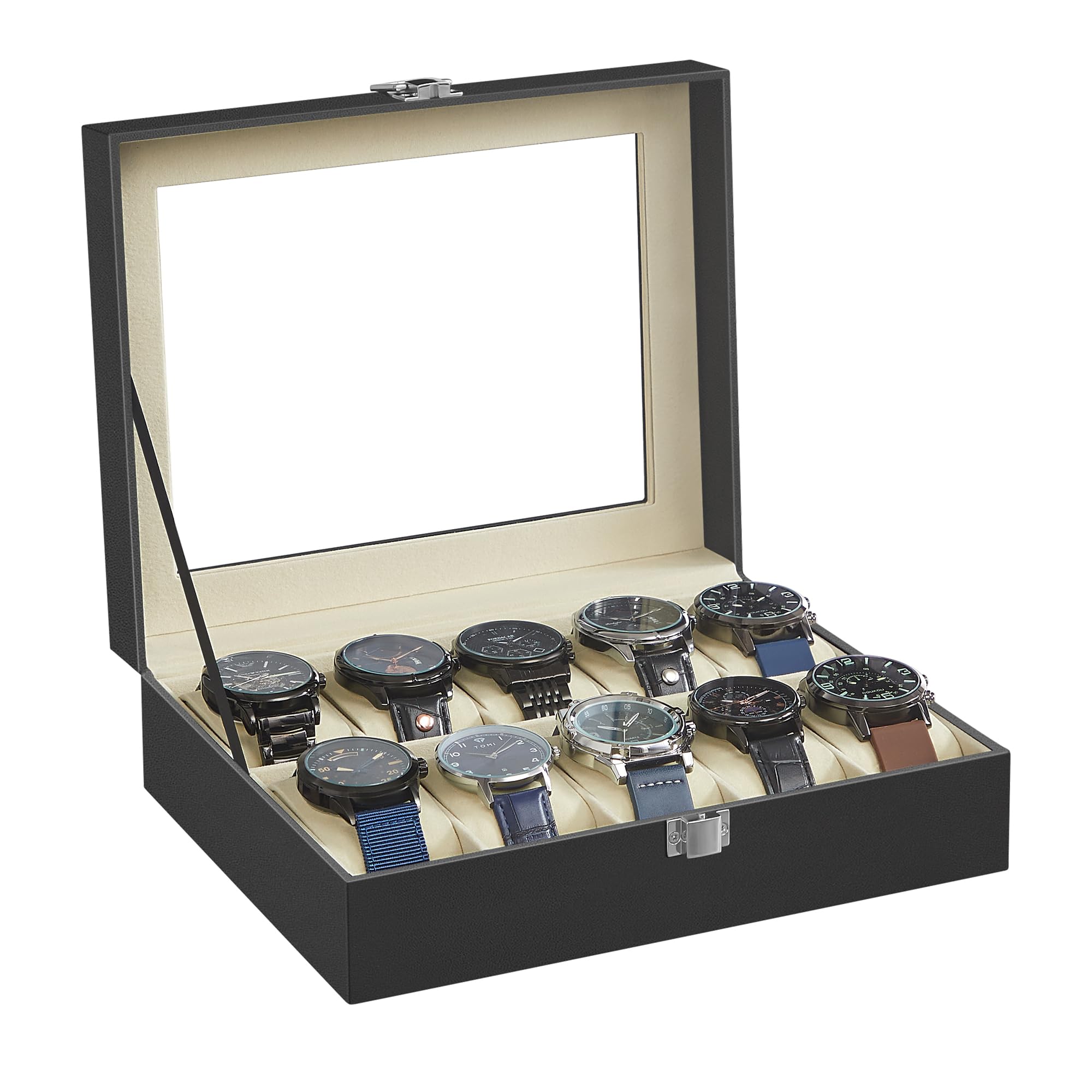 SONGMICS Watch Box with 10 Slots, Watch Case with Glass Lid, Watch Display Box with Removable Watch Pillows, Metal Clasp, Gift Idea, Black Synthetic Leather, Greenish Beige Lining JWB010 โ image 1