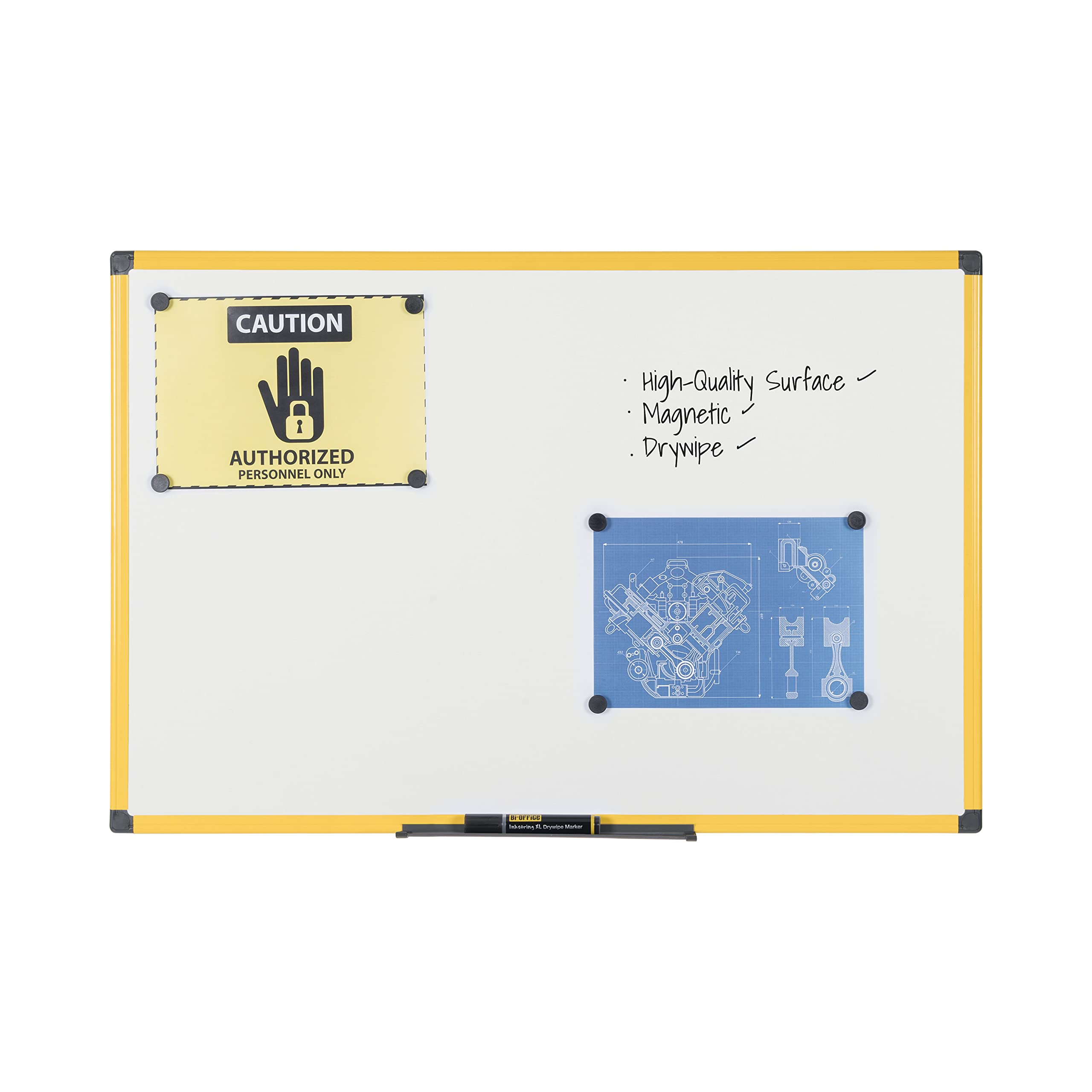 Bi-Office Ultrabrite Whiteboard - 60 x 45 cm - Magnetic with Yellow Aluminium Frame and Pen Tray