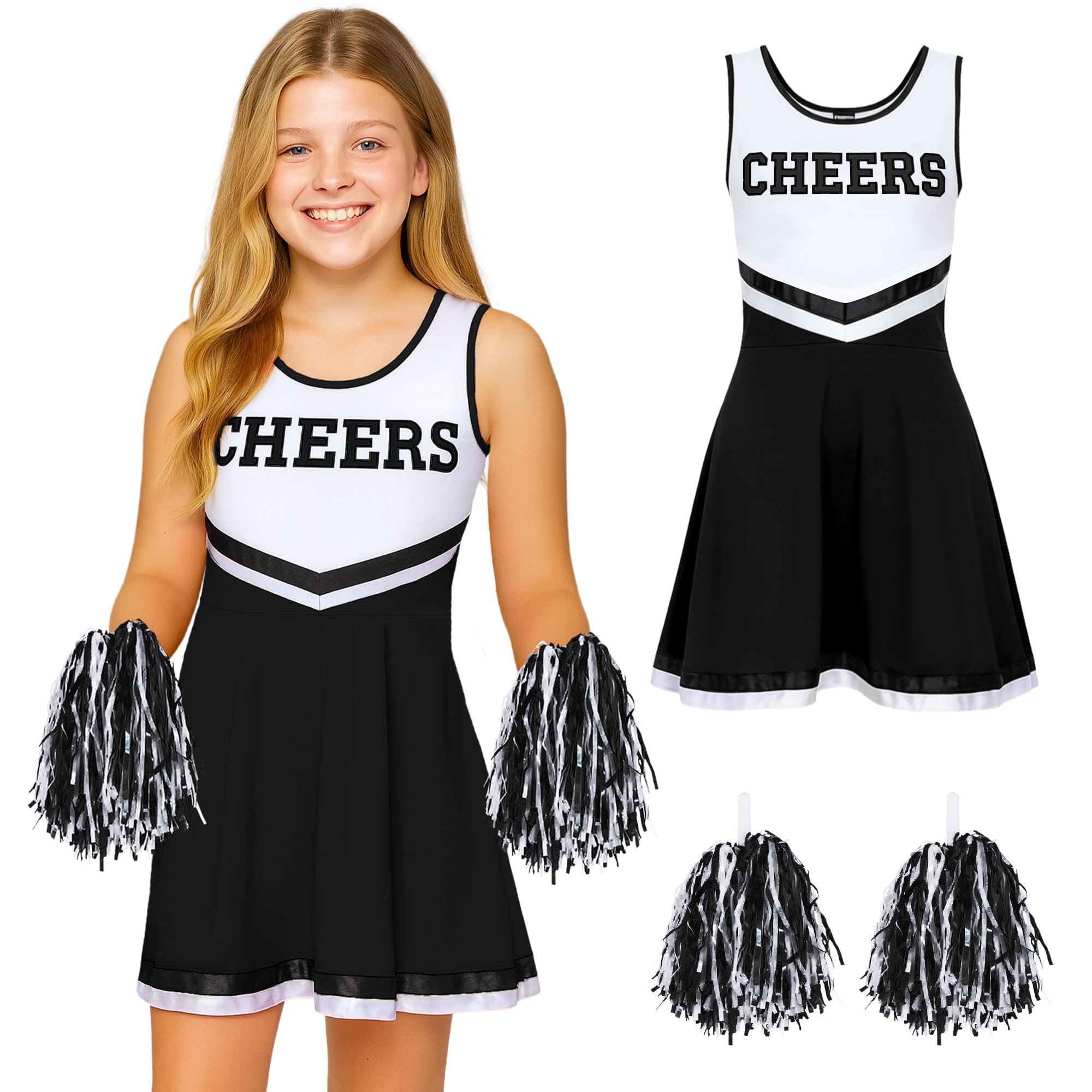 Girls Cheerleader Costume with Pom Poms - Kids Cheerleader Outfit for Girls Fancy Dress - Kids Cheer Leader Costume