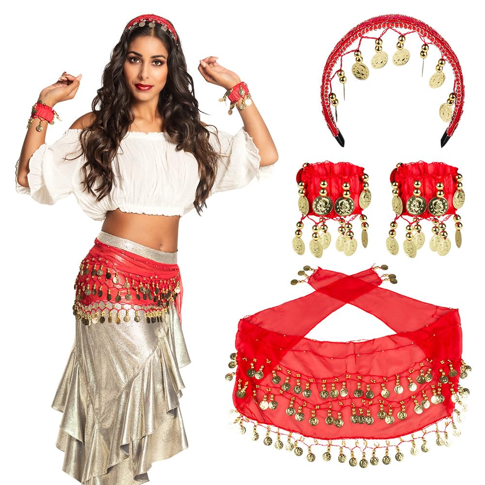 Boland Gypsy Costume Accessory Set Belly Dancer Coin Belt Headband and Bracelets Arabian Fancy Dress Ladies One Size (One Size)