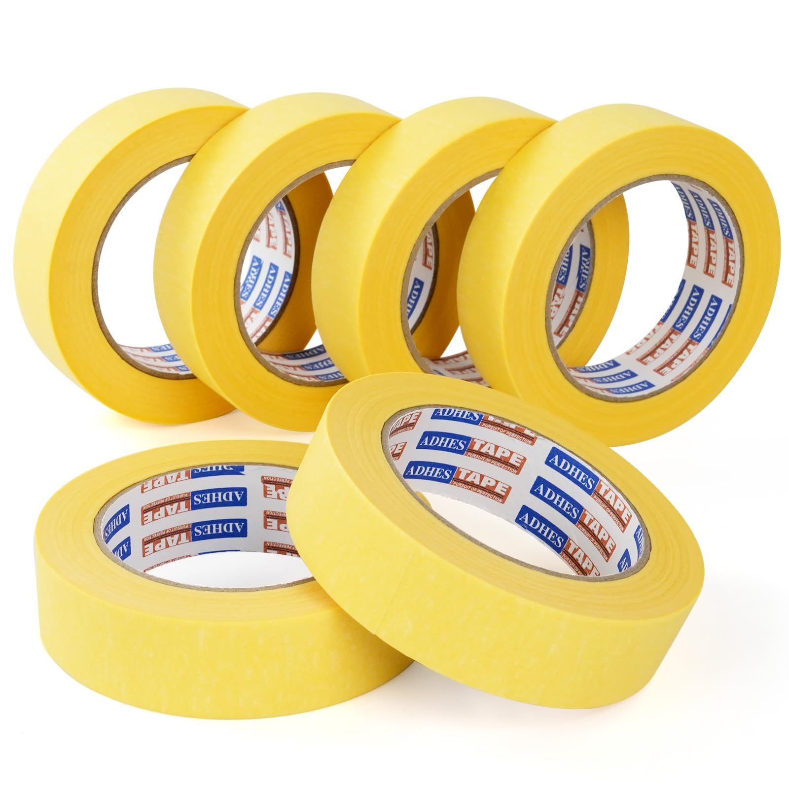 ADHES Yellow Painters Tape, Masking Tape for Walls, Labeling, 14 Days Clean Remove, 30mm x 50m, (1.2Inch x 55yard), 6Rolls Painting And Decorating For Sharp Lines And No Paint Bleed
