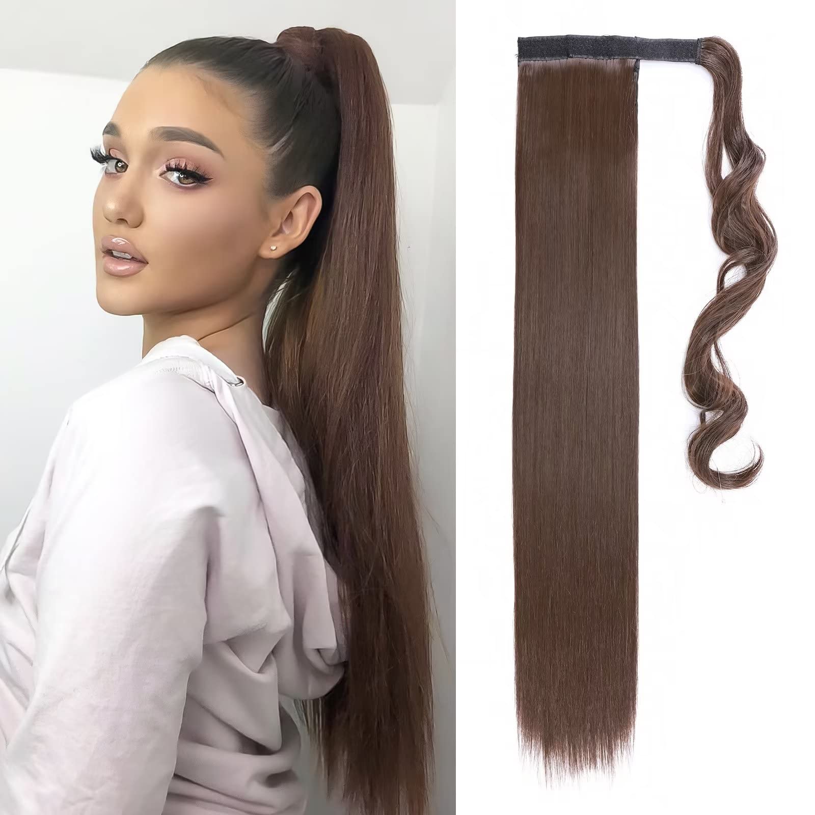 TESS Clip In Ponytail Hair Extensions Brown 23 Inches, M4 Light Brown Straight Hair Extensions Clip In Ponytail 90g Fake Extension — image 1
