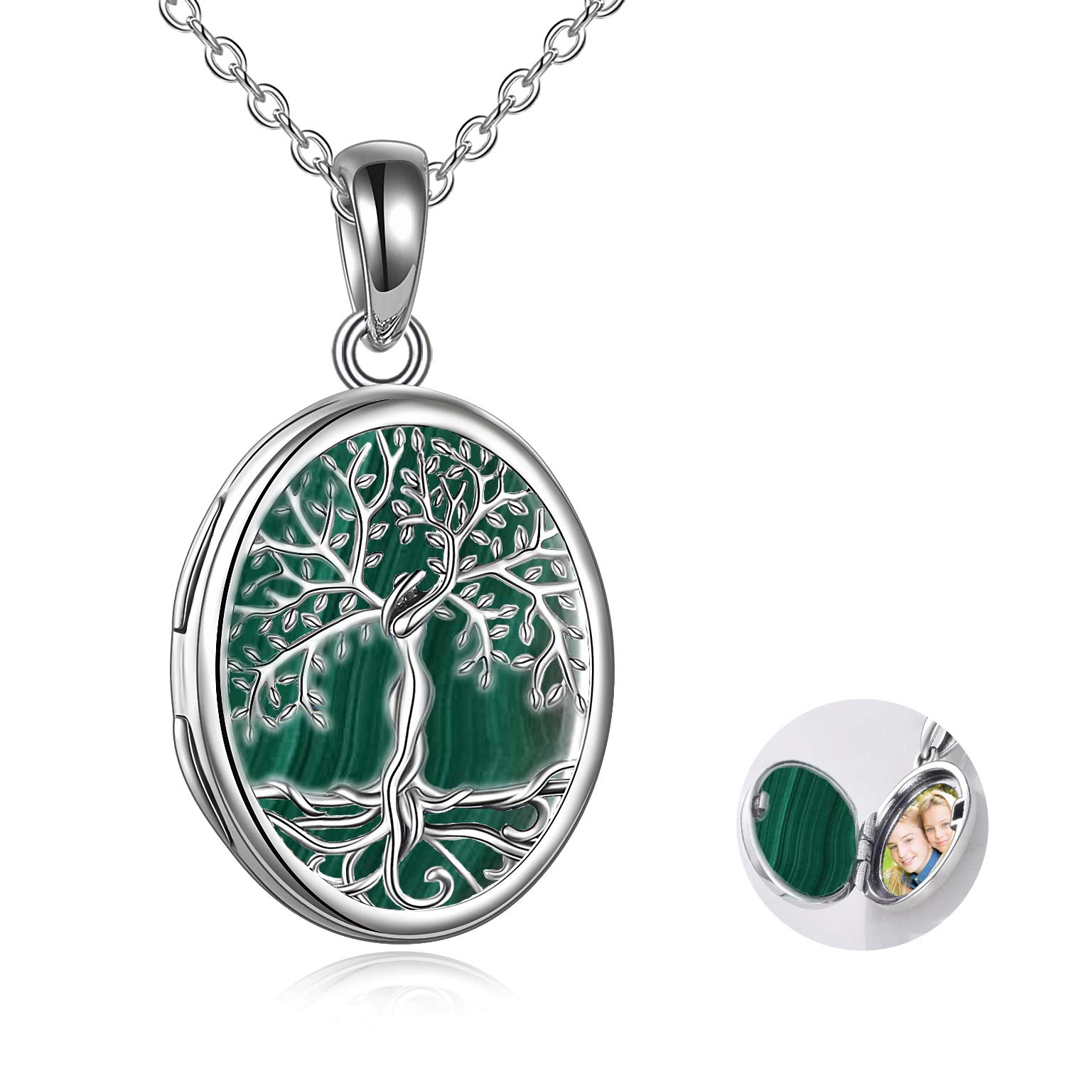 YAFEINI Tree of Life Locket Necklace 925 Sterling Silver Family Tree of Life Green Malachite Locket Necklace that Holds Pictures for Women Jewelry — image 1
