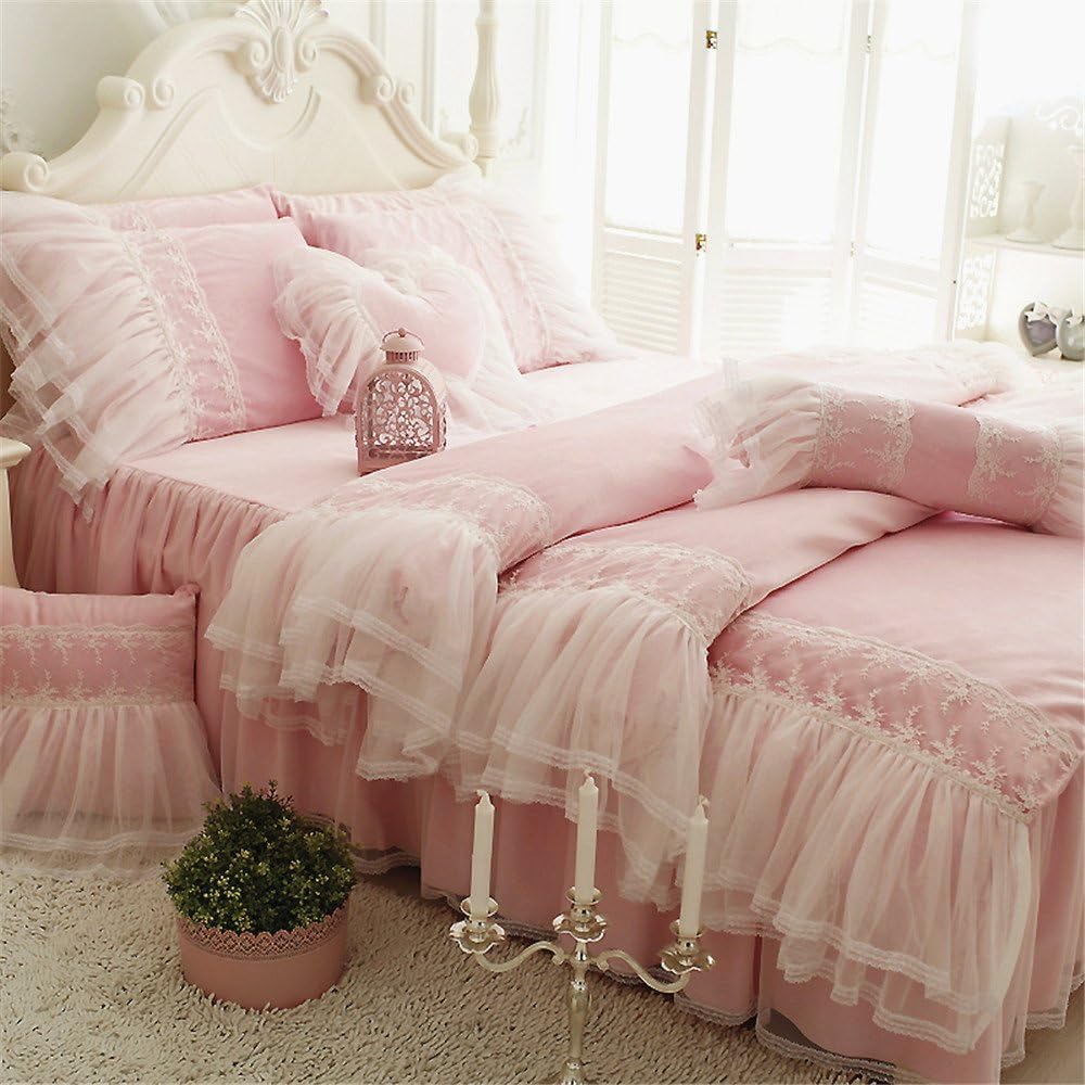 Abreeze 100% Cotton 4-Piece Pink Bedding Set Girls Fairy Bedskirts Ruffle Lace Princess Duvet Cover Set Full Size