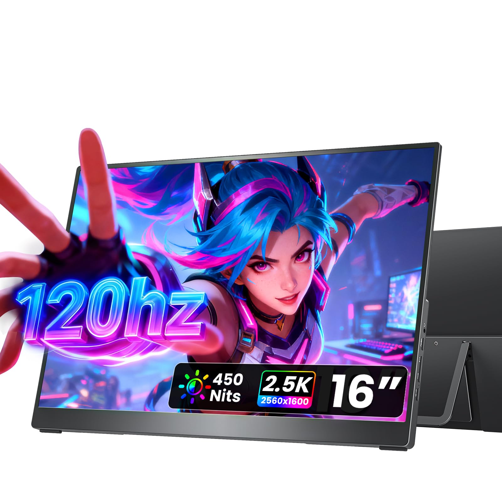 cocopar Portable Monitor 16 Inch 2.5K QHD 120Hz 110% sRGB Travel Monitor with Speaker HDMI USB-C Second Screen for Laptop MacBook Surface PC Xbox PS4/5, VESA Mountable, with Kickstand Image