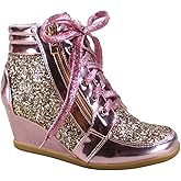 Forever Link Women's Fashion Glitter High Top Lace Up Wedge Sneaker Shoes