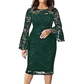 Holipick Women's Plus Size Lace Bell Sleeve Dress Wedding Guest Cocktail Party Elegant Dresses