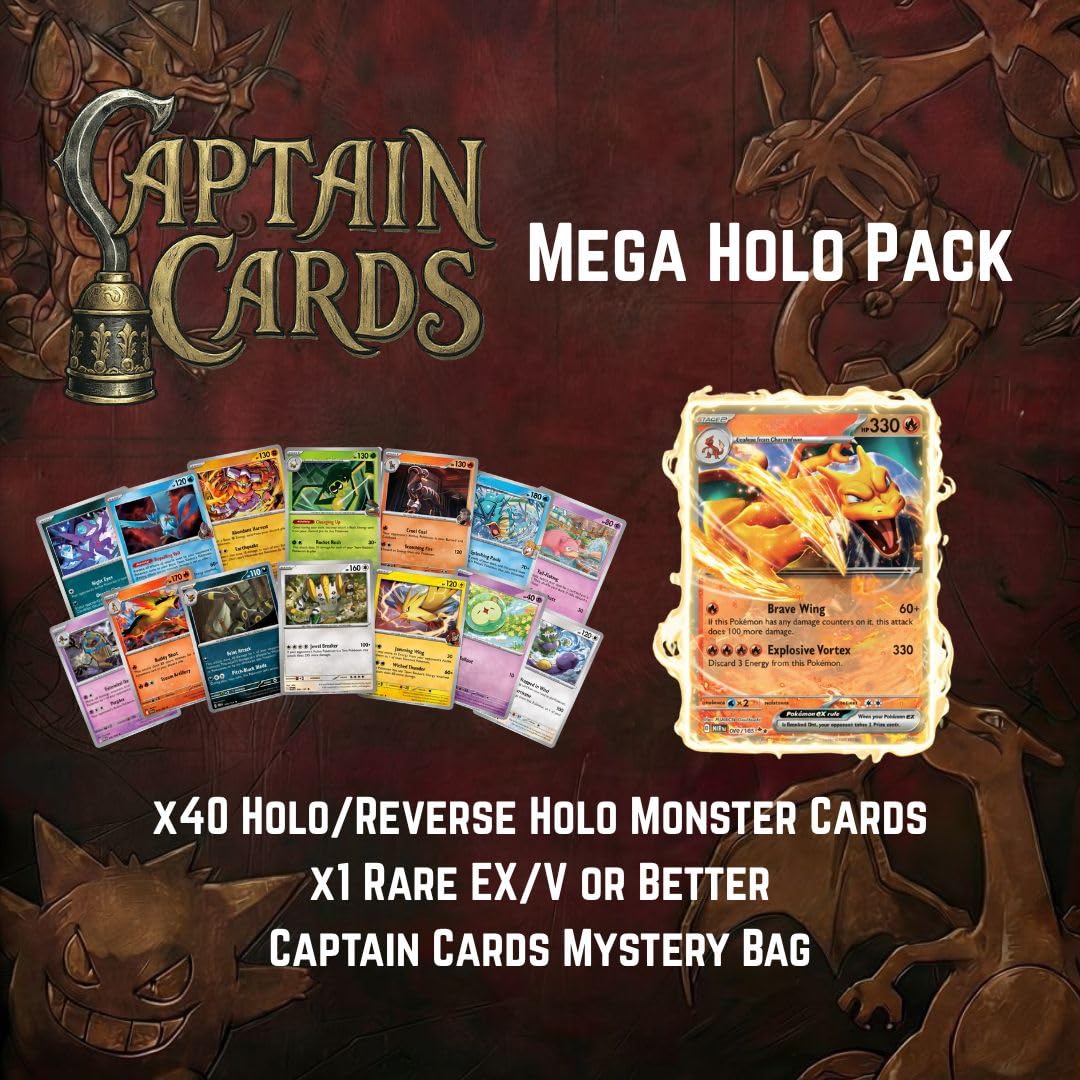 Captain Cards™ Mega Holo Pokémon Mystery Pack, 40 Holo or Reverse Holo Cards, 1 Rare EX V or Better, Trading Card Collectible bundle authentic Pokémon cards