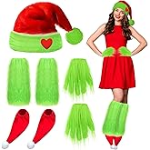 Yoloodayy 4 Pcs Christmas Green Big Monster Santa Costumes Accessories Women Green Fuzzy Leg Warmers Santa Hat with Red Heart Red Socks Greens Hand for Adult Christmas Outfit Accessories