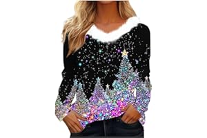 Christmas Shirt for Women, Dressy Casual V-Neck Top with Faux Fur Trim and Xmas Tree Print Long Sleeve Holiday Blouse