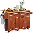 Aiho Kitchen Island Cart with Storage, 52’’ Mobile Carts with Rolling Kitchen Table with Towel Rack, Spice Rack, Drawer, Large Storage Cabinet, Brown