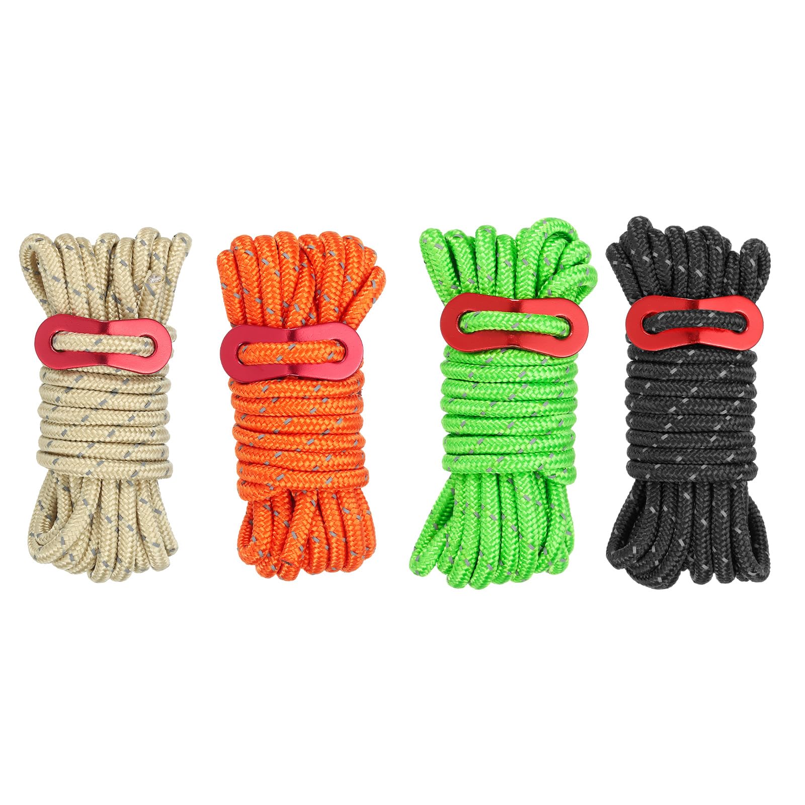 PATIKIL 5mm Tent Rope, 4 Pack 13ft Reflective Guyline Cord Tied Downs Rope Paracord Cord Camping Ropes with Red Aluminum Cord Adjusters for Camping Hiking Tent, Black Green Khaki Orange