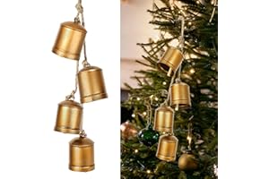 PUFFLD Christmas Bells, Vintage Christmas Cow Bells Decor, Set of 4 Large Rustic Gold Christmas Cowbells with Jute Hanging Rope for Home Door Knob Christmas Tree Garland Xmas Decorations