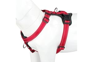 Plutus Pet Adjustable No Pull Dog Harness with Leather Accents, Heavy Duty Reflective Nylon Vest for Training, Hiking, Easy Walk Harness for Small, Medium, Large Dogs (Red, M)