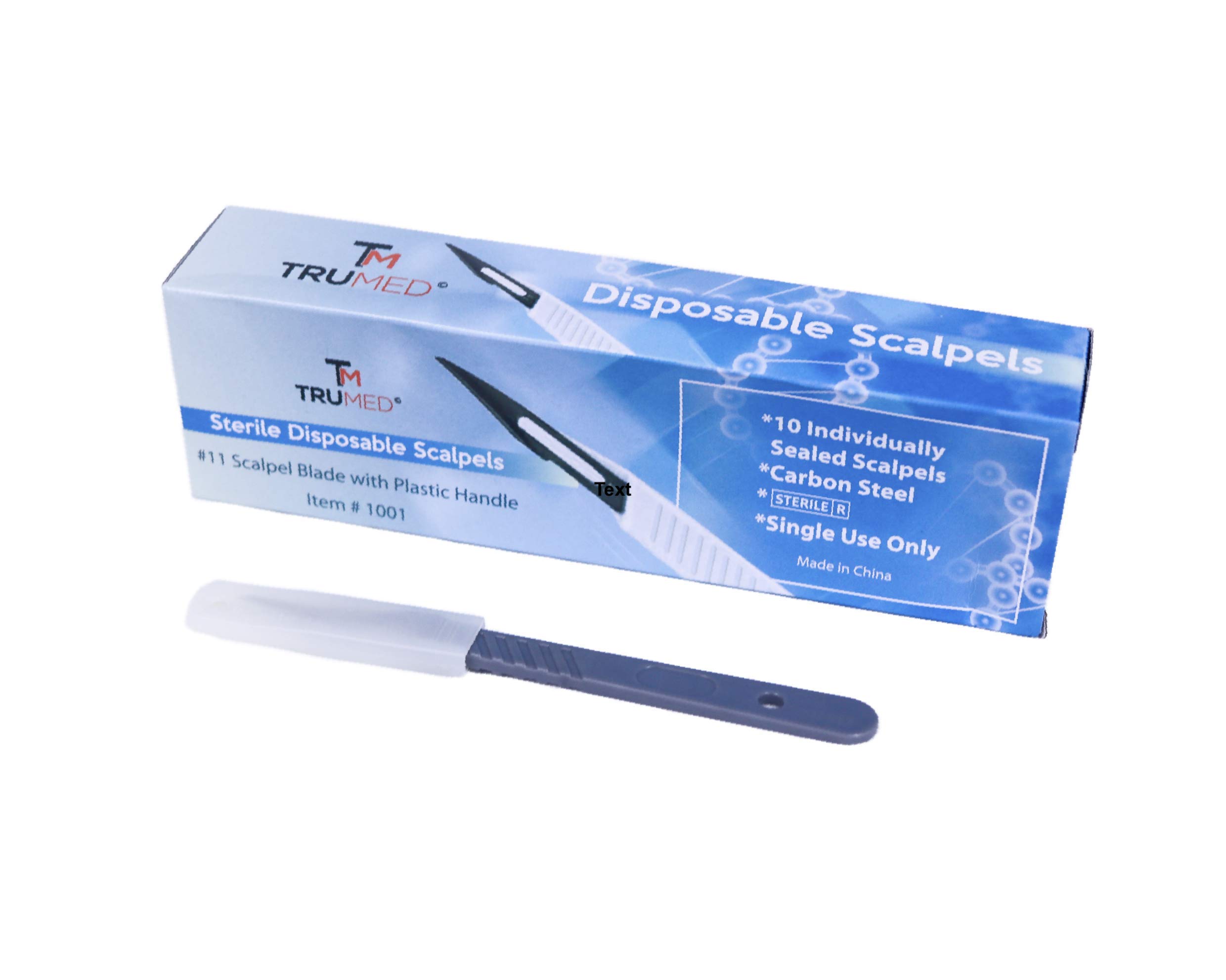 TruMed 1001 Disposable Scalpels With #11 High-Carbon Steel Blades, Plastic Handle, Sterile, Individually Foil Wrapped, Box Of 10