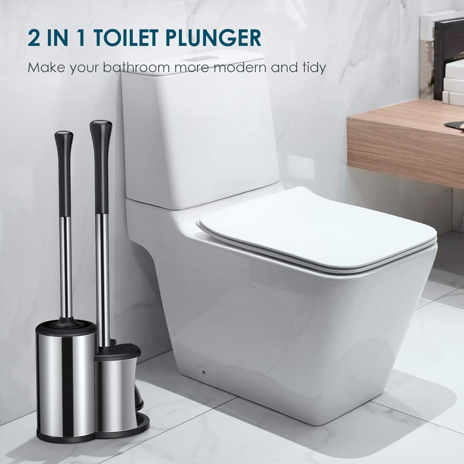 Homemaxs Toilet Plunger and Brush, [2021 Newest] 2 in 1 Toilet Plunger Set with Holder - Powerful Pump & Unique Water Storage Design, 304 Stainless Steel Plunger and Toilet Brush Combo for Bathroom: Kitchen & Dining