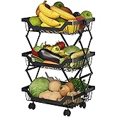 3-Tier Rolling Pantry Floor Organizer with Wheels, Foldable Fruit Vegetable Storage Cart, Metal Wire Pantry Basket, Kitchen Fruit Basket Stand, Vegetable Storage Rack for Fruits Snack Onion Potato