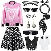 1950s Polka Dot Pink Satin Jacket Set with Accessories Vintage-Inspired 50s Style Skirt Halloween Cosplay