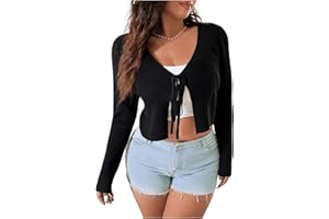 Floerns Women's Tie Front Long Sleeve Rib Knit Shrug Sweaters Cardigan Crop Top